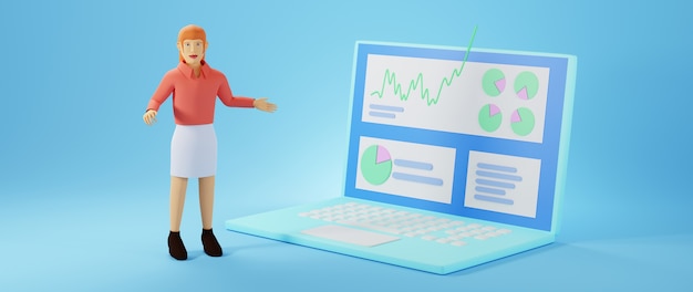 3D rendering of business woman and notebook. Business online and ecommerce.