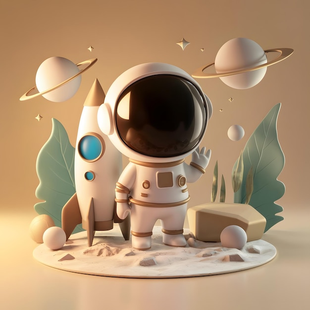 3D rendering C4D cartoon style white and beige colors A tiny astronaut stands next to the rocket