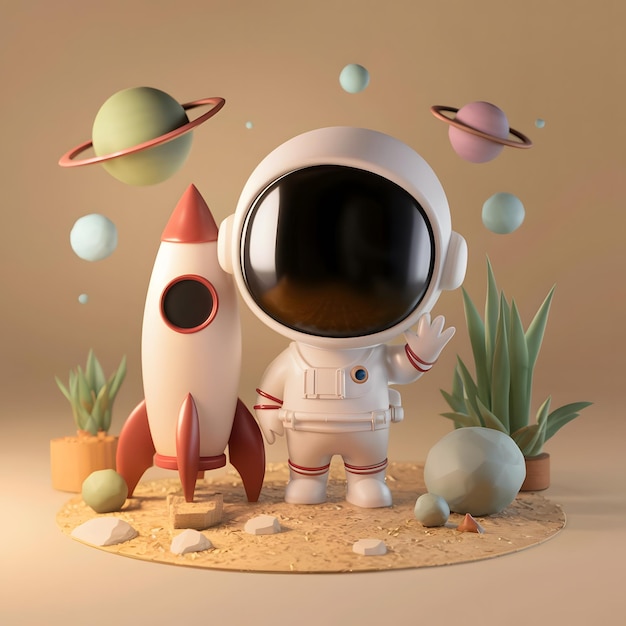 3D rendering C4D cartoon style white and beige colors A tiny astronaut stands next to the rocket