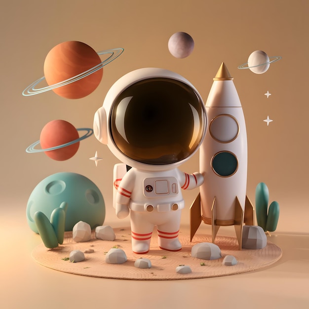 3D rendering C4D cartoon style white and beige colors A tiny astronaut stands next to the rocket