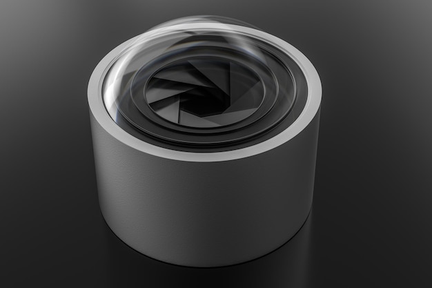 Photo 3d rendering camera lens in a dark studio background computer digital image