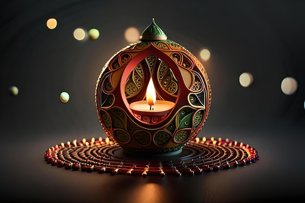 A 3d rendering of a candle in a pot with the word diwali on it