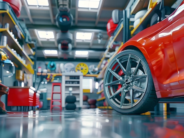 3D Rendering Car Wheel in Auto Repair Shop Illustrating Precision and Expertise in Automotive Maintenance