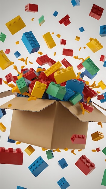 3d rendering of cardboard box in air full of colorful toy bricks flying out background