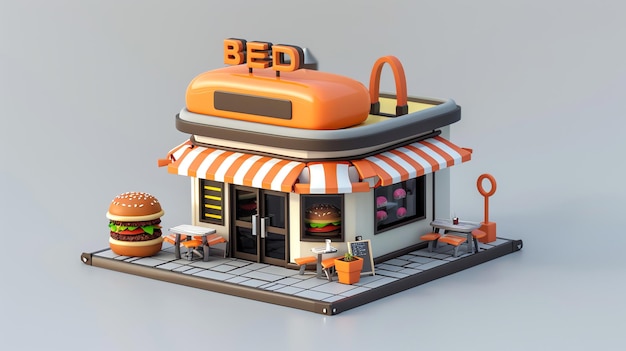 Photo 3d rendering of a cartoon burger restaurant