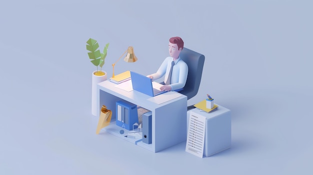 Photo a 3d rendering of a cartoon businessman working at a desk in a minimalist office