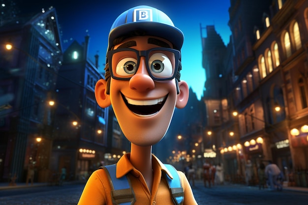 3D rendering of a cartoon character construction worker in a construction site