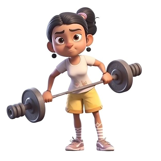 3D rendering of a cartoon character with a barbell and a girl