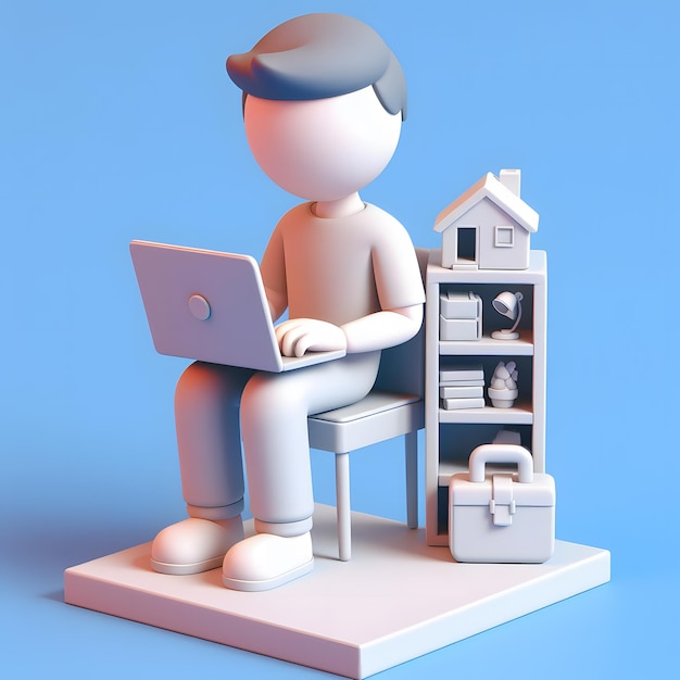 3d rendering of cartoon figure working on a computer