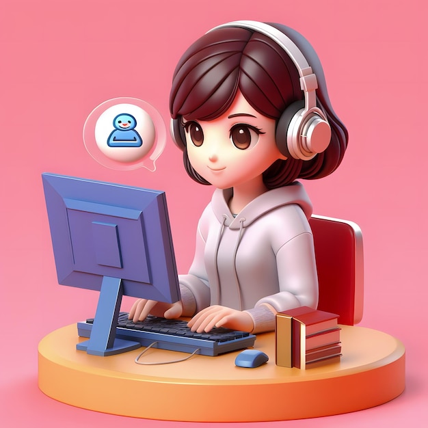 3d rendering of cartoon figure working on a computer