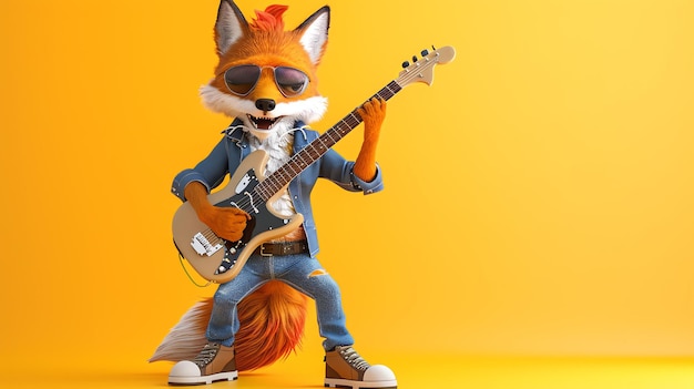 A 3D rendering of a cartoon fox wearing sunglasses and a denim jacket playing an electric guitar