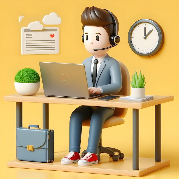 3D Rendering of Cartoon Man Working on Computer