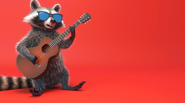 3D rendering of a cartoon raccoon wearing sunglasses playing the guitar on a red background