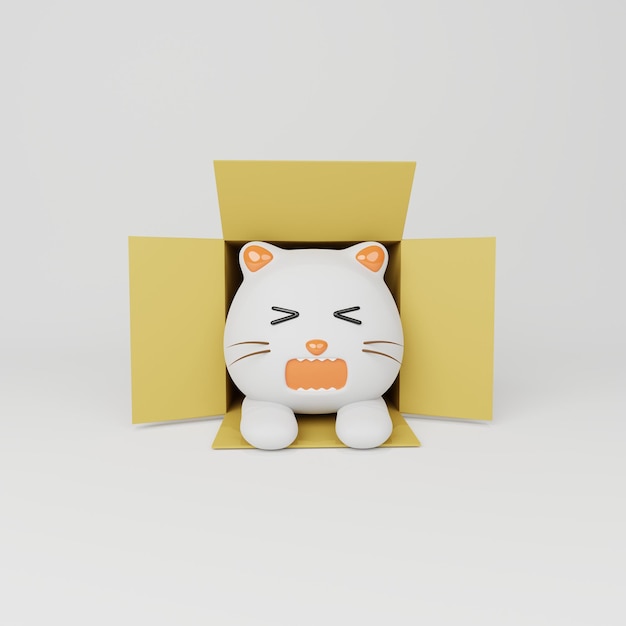 3d rendering of a cat in a cardboard with a sad expression