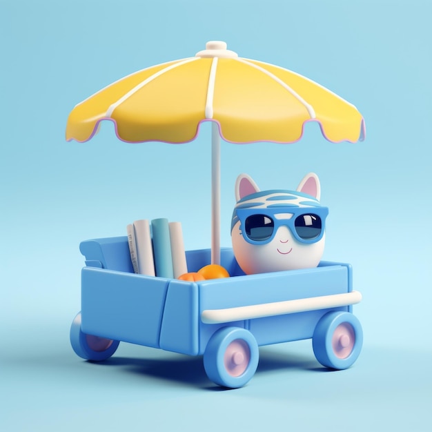 3D rendering of a cat with sunglasses under a beach umbrella in blue and yellow colors