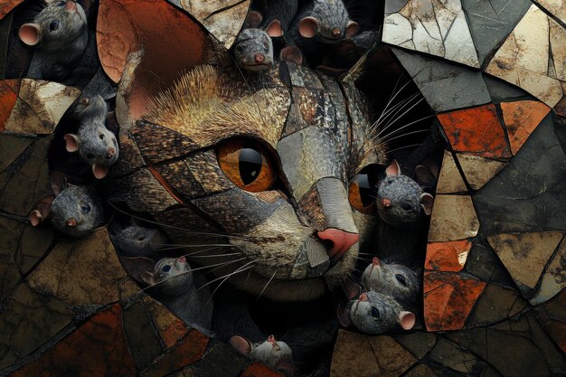 Photo 3d rendering of a cats face in a mosaic background