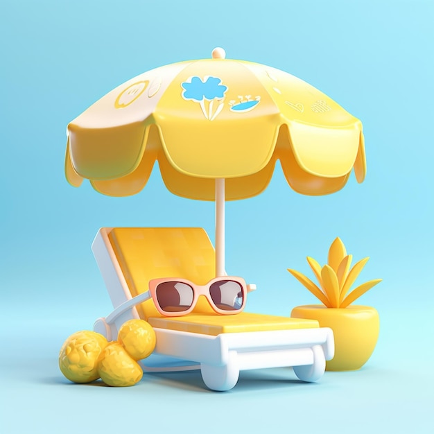 3D rendering chaise lounge and beach umbrella in blue and yellow colors