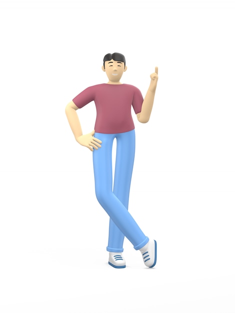 3D rendering character of an asian guy pointing finger up. Concept idea, direction, attention.