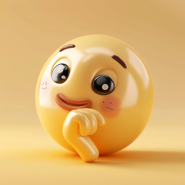 3D rendering of a charming yellow emoji with big eyes and a shy expression set against a matching ye