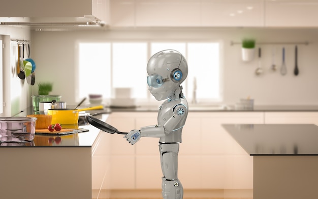 3d rendering chef robot or assistant robotic boy cooking in kitchen