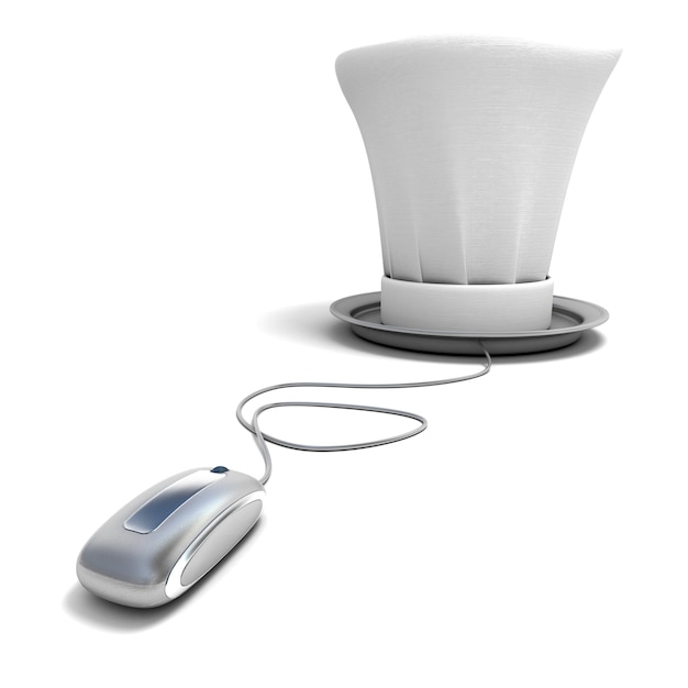 3D rendering of a chef's hat on a platter connected to a computer mouse