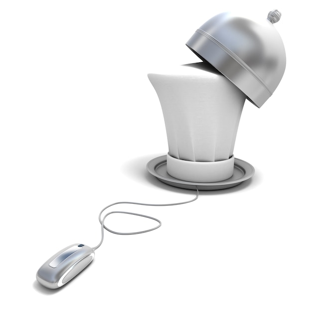 3D rendering of a chef's hat on a platter with a bell connected to a computer mouse