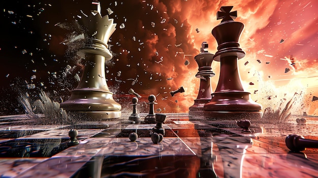 3D rendering of a chess game with an epic background The white pieces are on the left side of the board and the black pieces are on the right side