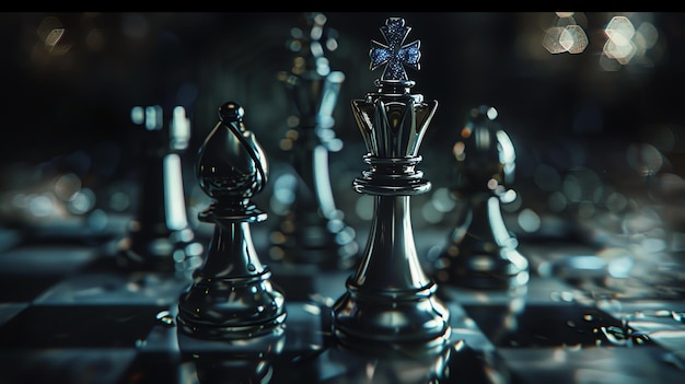 3D rendering of a chessboard with black and silver chess pieces The focus is on the king and the bishop