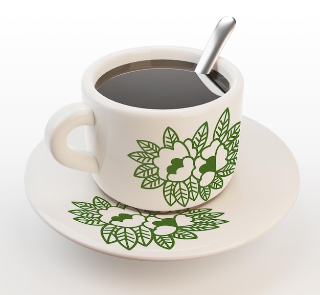 3D rendering chinese traditional black coffee with floral pattern coffee cup set