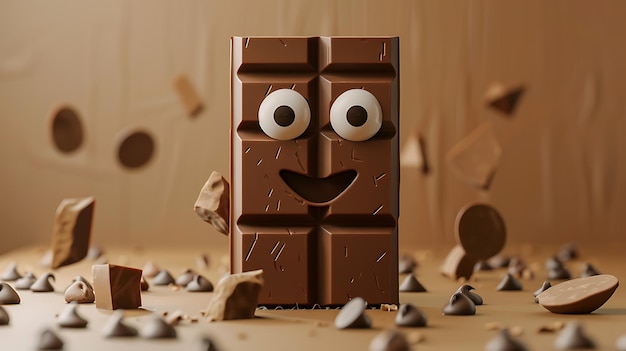 3D rendering of a chocolate bar mascot with big eyes and a happy smile