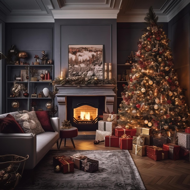 3D rendering of a Christmas home decor with a Christmas tree lots of presents in a cozy atmosphere