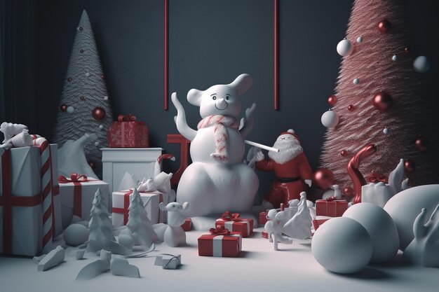 A 3d rendering of a christmas scene with a white mouse and a red christmas tree.