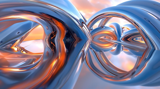 3D rendering of a chrome torus knot with a glowing orange center