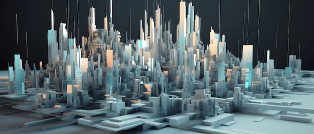 A 3d rendering of a city with a blue and white building.