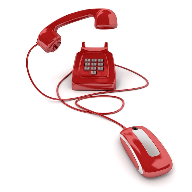 3D rendering of a classic red telephone connected to a computer mouse