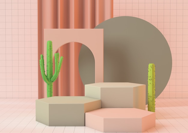 3d rendering clean product pedestal platform in pink pastels colors with cactus on pink background