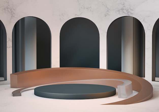 3d Rendering clean product pedestal platform with beige colors and arches