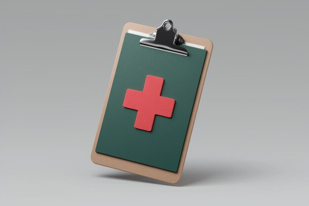 A 3D rendering of a clipboard with a red cross representing healthcare