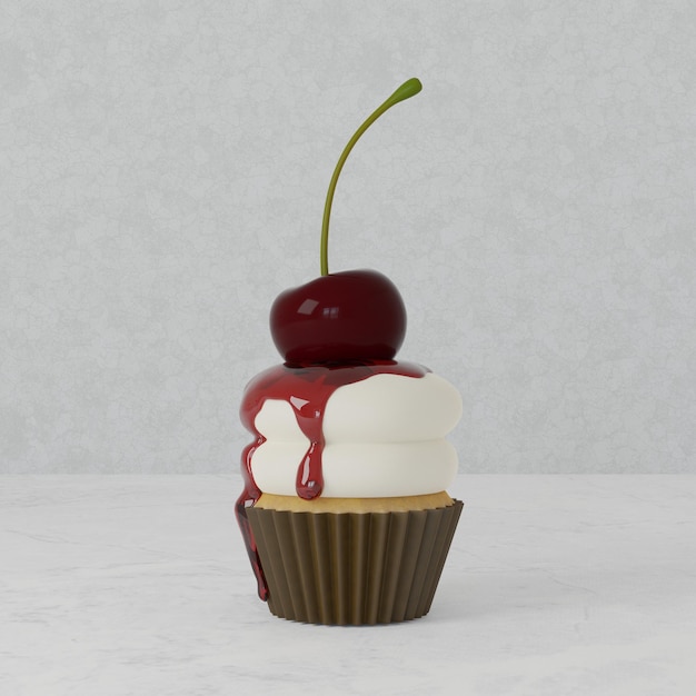 3D rendering Close up Vanilla Cupcake Whipping Cream With Cherry