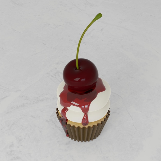 3D rendering Close up Vanilla Cupcake Whipping Cream With Cherry