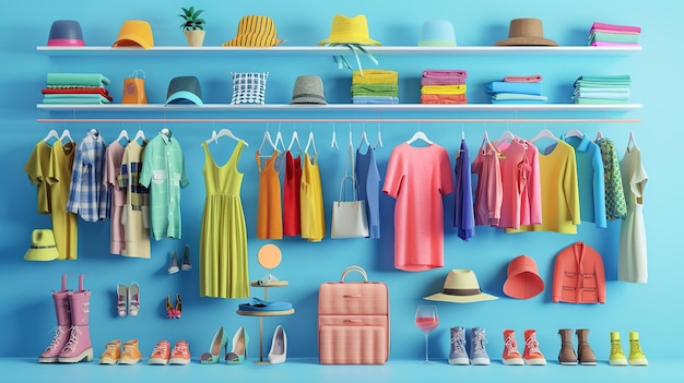 3d rendering of clothing style elements shoes hats Realistic objects on blue background