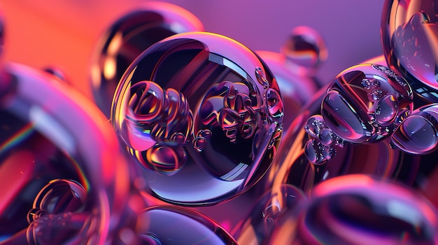 3D rendering of a cluster of iridescent bubbles with a glowing pink background