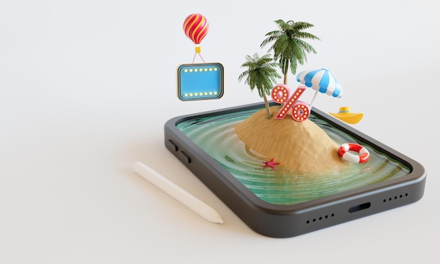 3d rendering of coconut trees on a small island in the sea