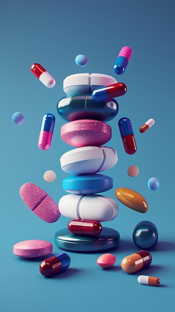 Photo 3d rendering colorful pills stacked neatly on blue background balance and stability in health