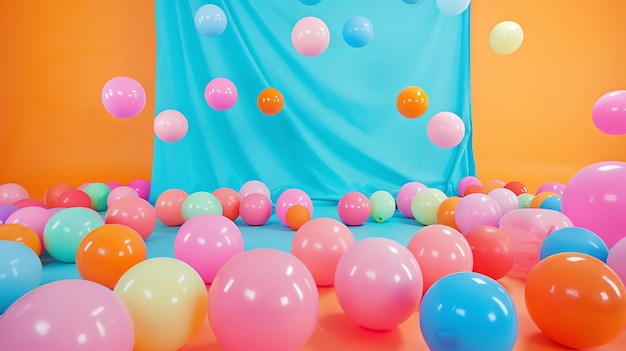 A 3D rendering of a colorful and playful scene with a blue cloth draped in the background and a bunch of balloons scattered on the ground