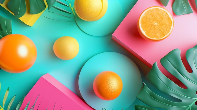 Photo 3d rendering of a colorful still life with oranges and tropical leaves