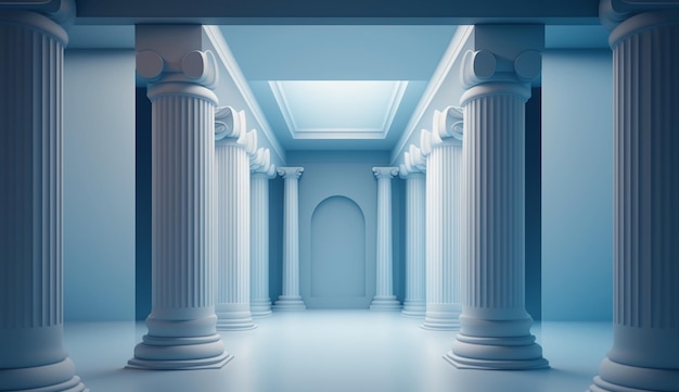 A 3d rendering of columns in a room with a skylight.