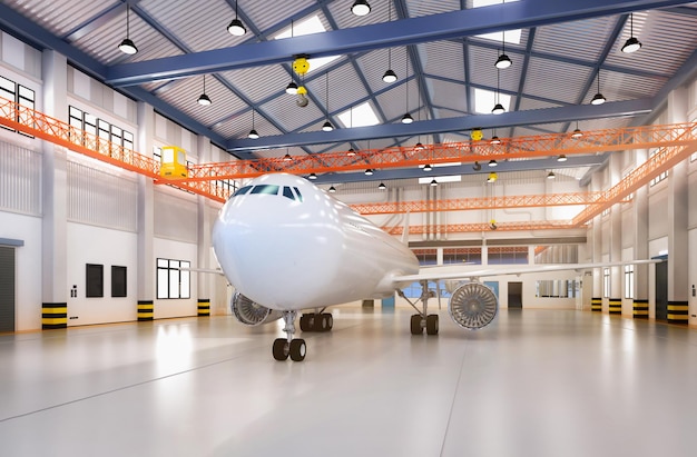 3d rendering commercial airplane in hangar for maintenance