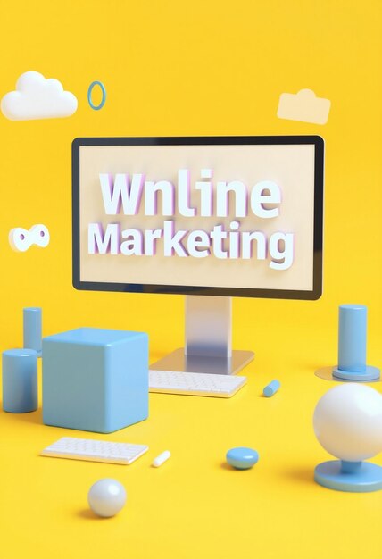 Photo 3d rendering of computer showing online marketing website concept on yellow background