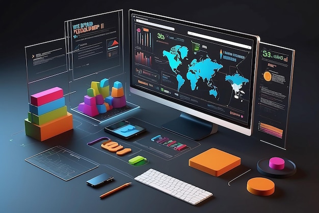 Photo 3d rendering of computer showing web development with 3d shapespie chartbar chart infographic